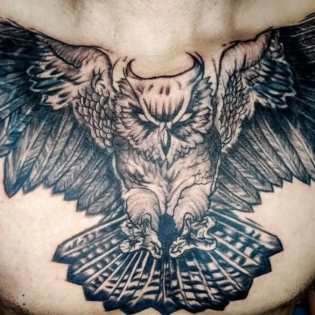Búho de alas abiertas en blackwork sobre el pecho