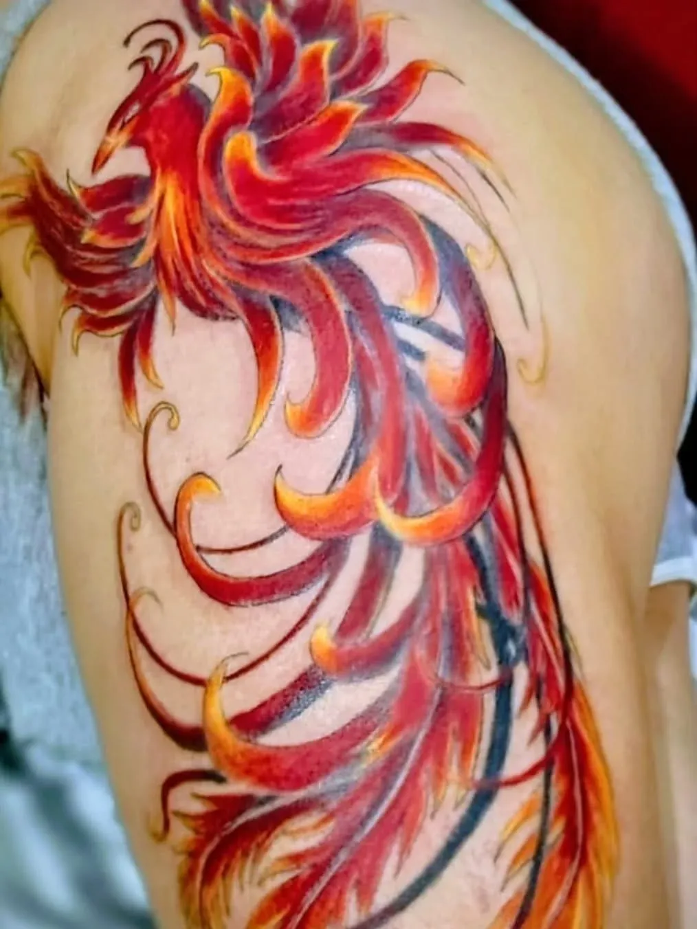 Ave fénix en rojo y naranja con la cola extendida