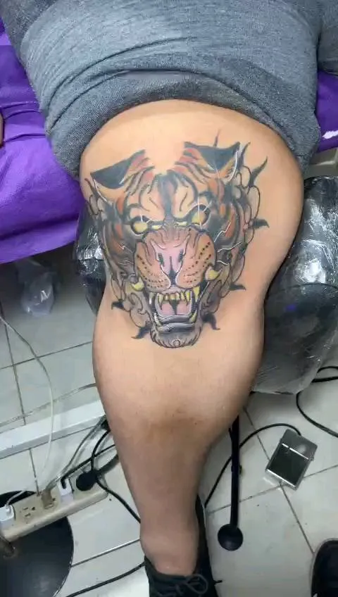 Cabeza de tigre a color en estilo neotradicional con línea gruesa